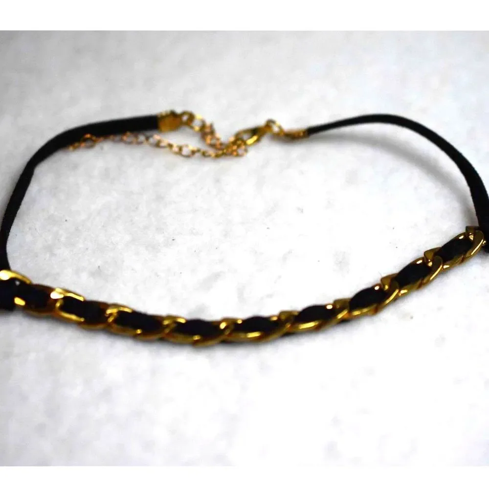 Gothic Renaissance Black Cord Gold Tone Metal Accent Choker 16